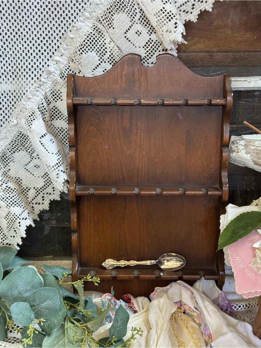 Vintage Brown Wooden Spoon Rack Wall Shelf